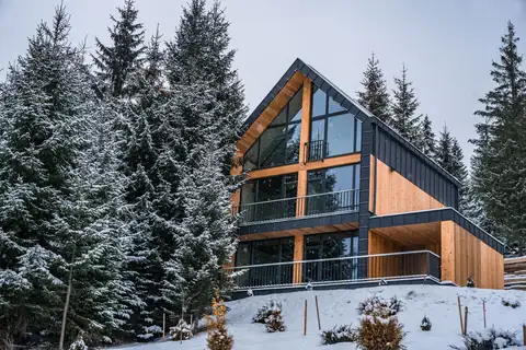 Modern timber-and-glass chalet among snow-covered pines